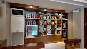 Hotel snack bar with assorted food and drinks at MySpace Hotel BGC lobby