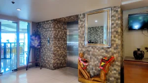 MySpace Hotel lobby elevator area with decorative tiled walls, mirror, and wooden sculptures.