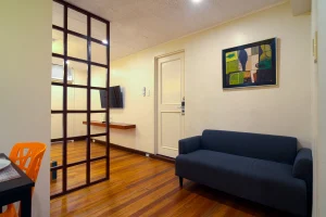 Spacious studio suite living area at MySpace Windsor featuring a modern navy couch, smart TV, and elegant wooden flooring.